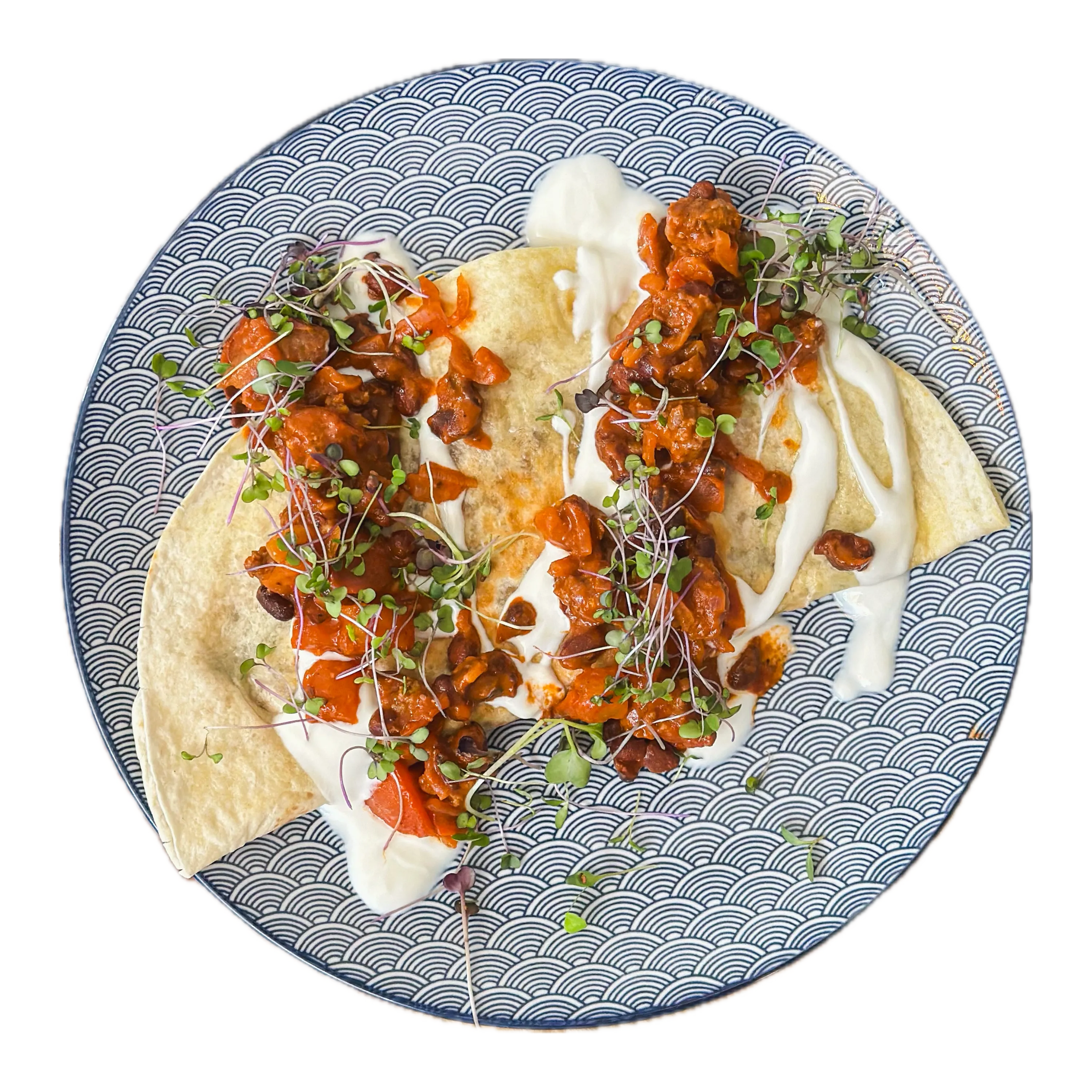 Leckerer Wrap mit Kohlrabi Microgreens auf einem blau-weißen Teller
